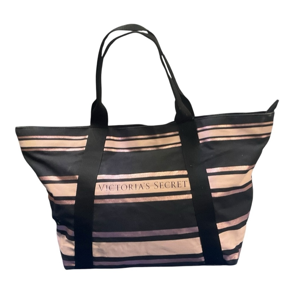 🖤🎀 Victoria’s Secret Large Black & Rose Gold Striped Tote Bag Carryall